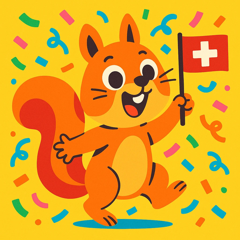 cute squirrel tossing confetti in the air, Swiss flag in paw, cartoon style emoji