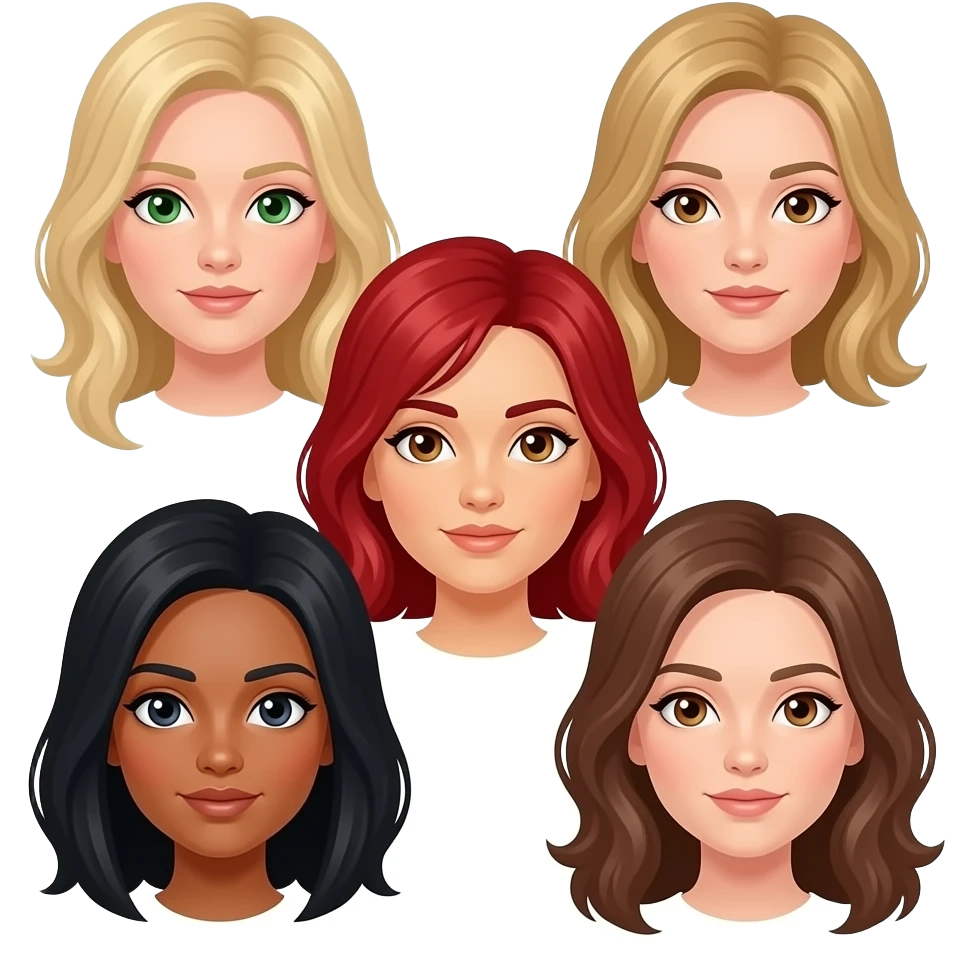 5 amigas-1 rubia ojos verdes-1 rubia ojos cafes-1 peliroja ojos cafes y morena claro-1 pelinegra ojos cafes piel clara -1 peli castaña clara ojos cafes claros emoji