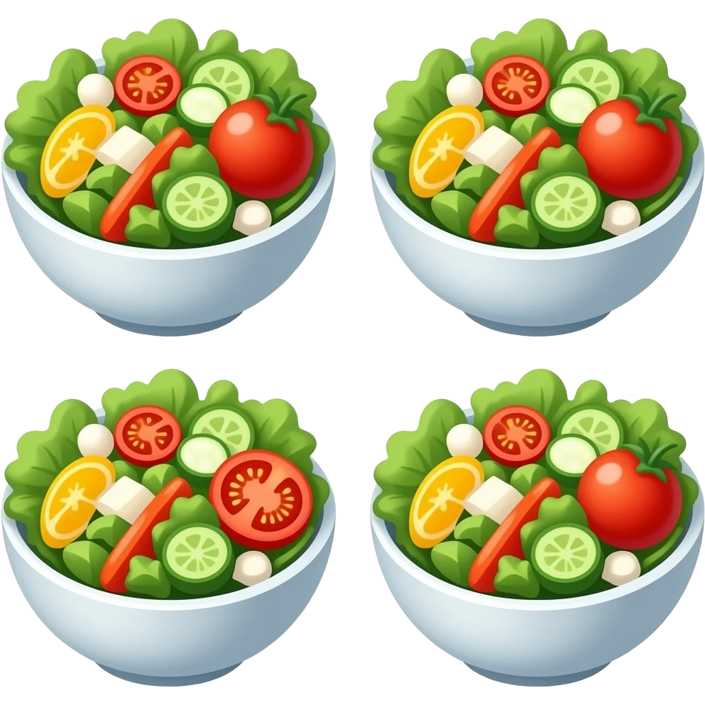 Create a "Find the Odd One Out" puzzle with 4 salad emojis. 
All salads should look almost identical, colorful, and cartoon-style. 
3 are exactly the same, and 1 has a small difference (one missing tomato slice). 
Keep the background clean and minimal. Arrange them in a grid. emoji