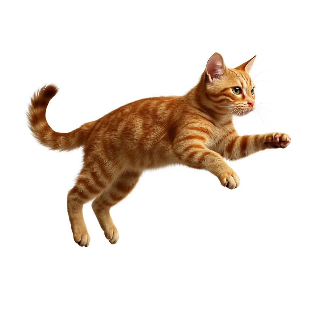 Transform the jumping European shorthair cat into a realistic tabby cat with detailed realistic fur, maintaining the energetic pose and a white background. emoji