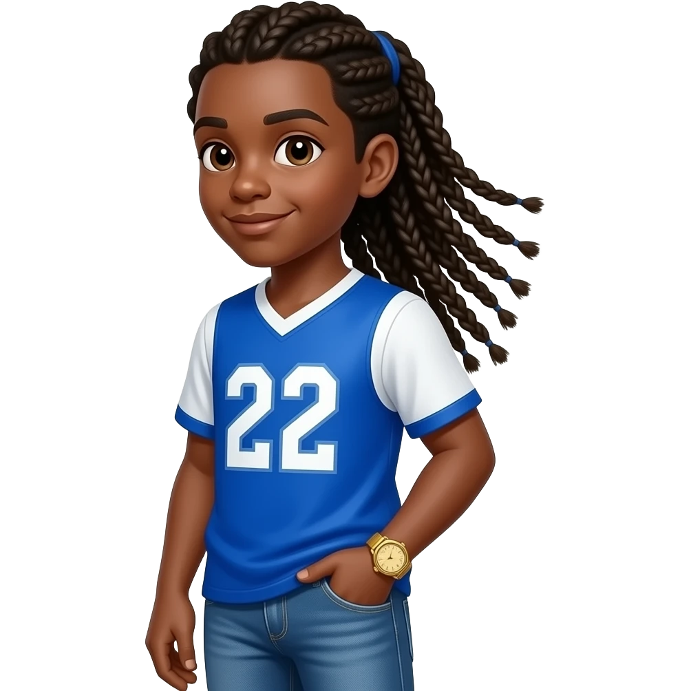 African American teenage boy with cornrow braids to the back wearing a blue and white jersey shirt with 22 on it wearing denim jeans wearing a gold watch emoji