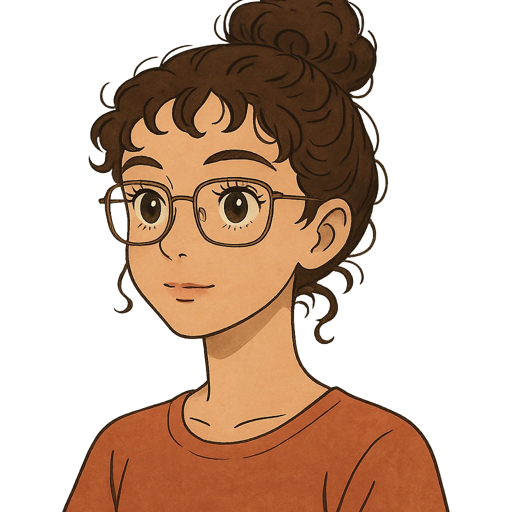ghibli style 23-year-old girl with square thin glasses, brown curly hair in a high bun, big eyes and lashes, small nose and mouth, thin hoop nose piercing emoji