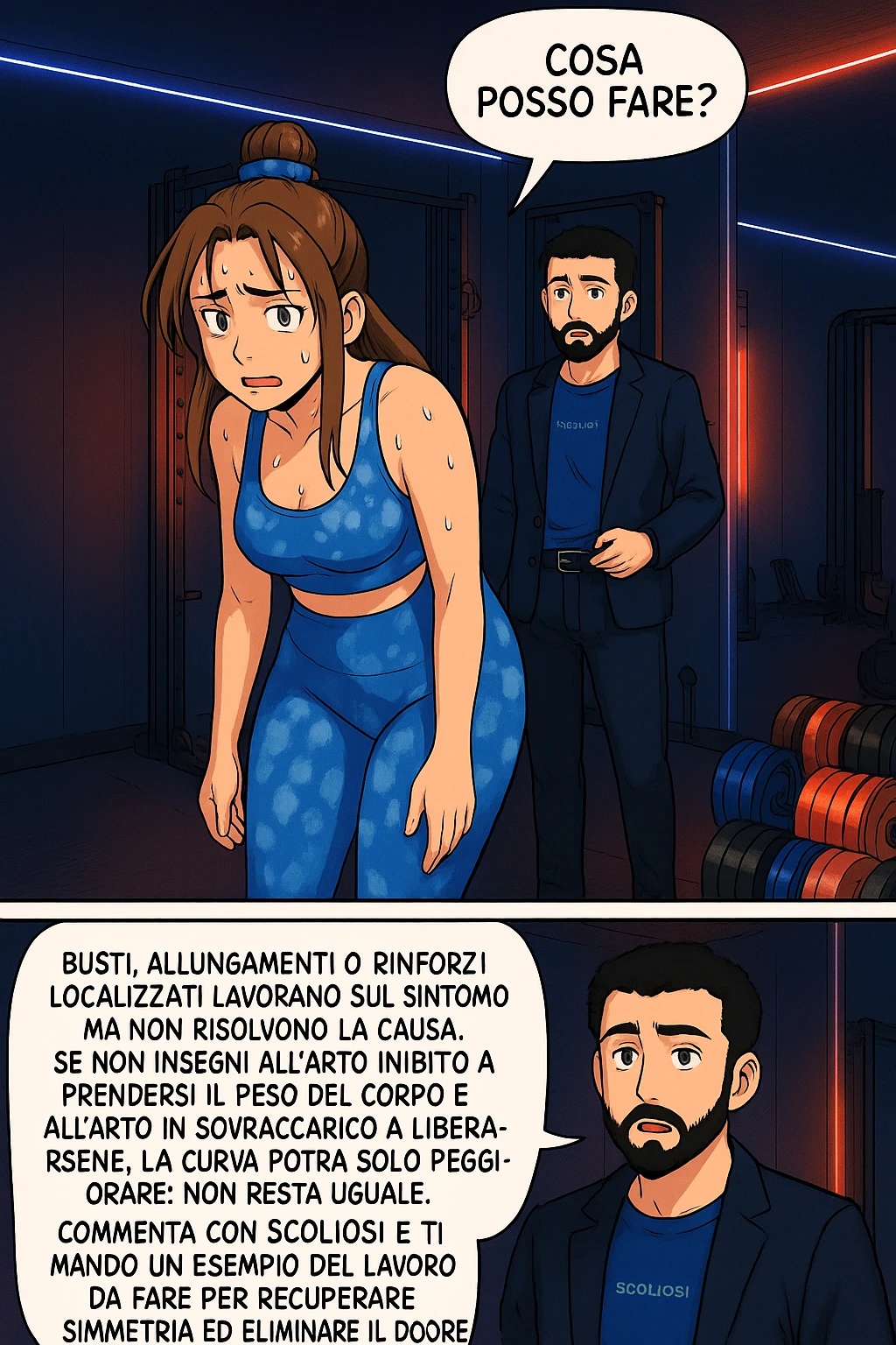 ispirati a questo stile di disegno e fai questa immagine in versione manga/webtoon a colori, il manga mostra la donna preoccupata che chiede: "COSA POSSO FARE?" E L'UOMO CHE RISPONDE: Busti, allungamenti o rinforzi localizzati lavorano sul sintomo ma non risolvono la causa. Se non insegni all’arto inibito a prendersi il peso del corpo e all’arto in sovraccarico a liberarsene, la curva potrà solo peggiorare; non resta uguale. Commenta con scoliosi e ti mando un esempio del lavoro da fare per recuperare simmetria ed eliminare il dolore. emoji