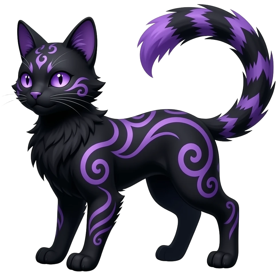 Realistic dark black purplish blackish edgy fantasy ethereal feline-vernid-sergal-monster-furret-Lycanroc-umbreon-fursona-animal-creature, full body with intricate markings emoji