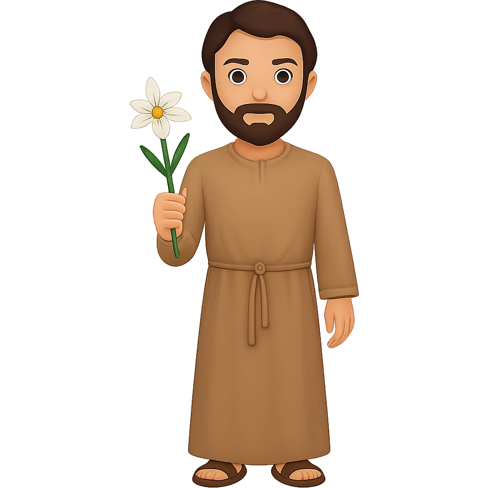 Create a full body, standing front view emoji style illustration of Saint Joseph wearing a long tan robe similar to the reference. He has dark brown hair and a beard. The style should be consistent with emoji style and the background should be removed. Produce new variations similar to previous results. emoji