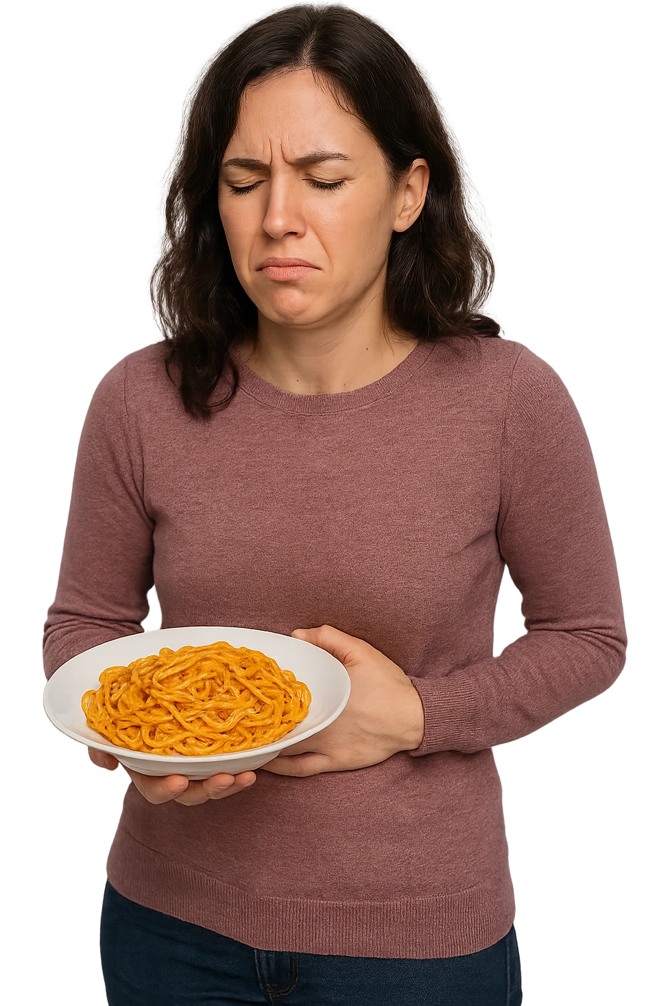 DONNA FITNESS CON PIATTO DI PASTA IN MANO E MAL DI PANCIA, FA FATICA A DIGERIRE emoji
