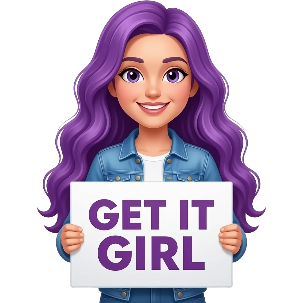 girl with long purple hair holding a GET IT GIRL sign emoji