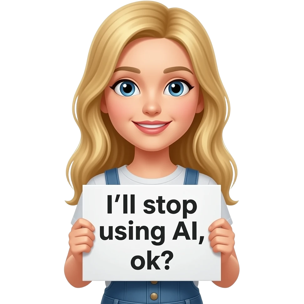 A Blound tall girl holding a sing that says “I’ll stop using Ai, ok?” emoji