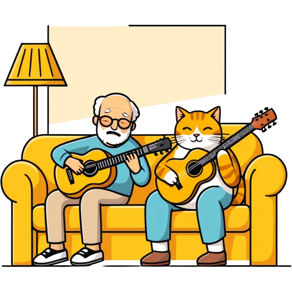  old blind man playing ￼guitar  on the couch ￼with his ￼golden cat  emoji