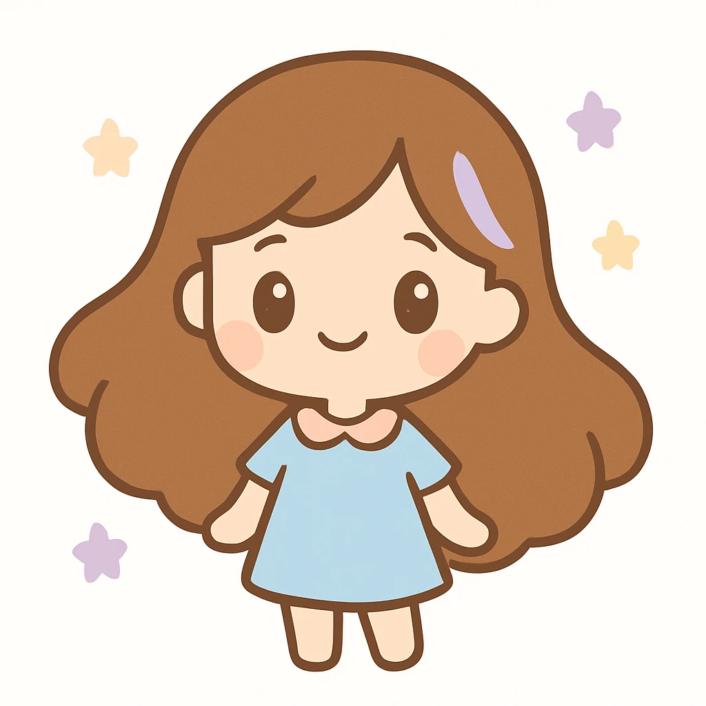 adorable brunette girl with flowing long hair, smiling expression, white background emoji