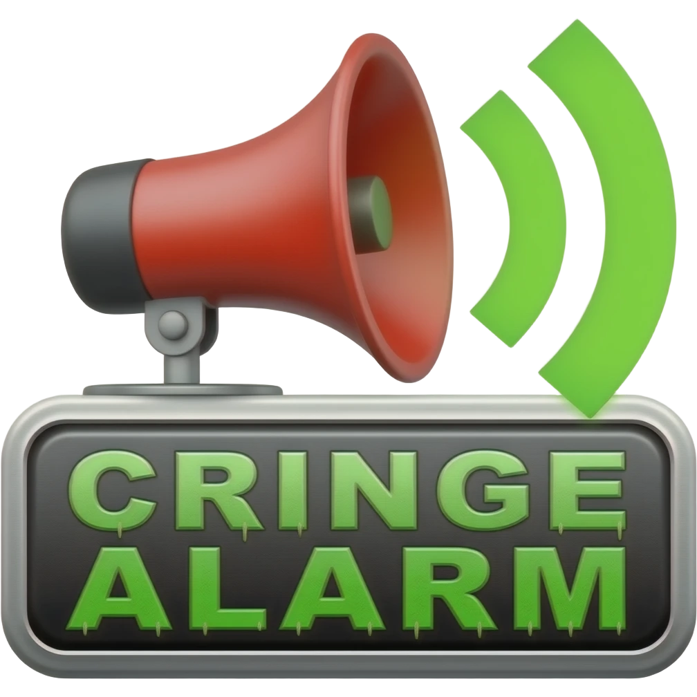 A blaring siren with visual sound effects, a label below it with text "Cringe Alarm" with green horror font", filled background emoji