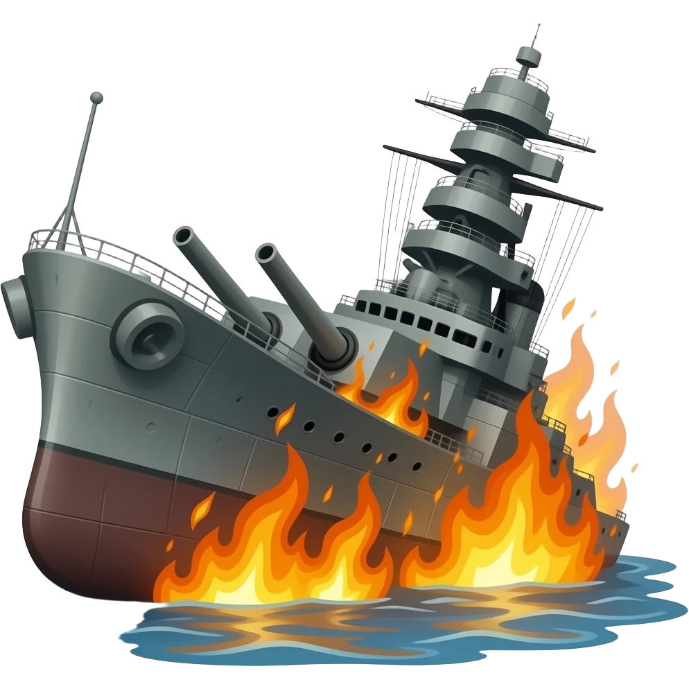 rusty destroyed warship sinking on fire emoji