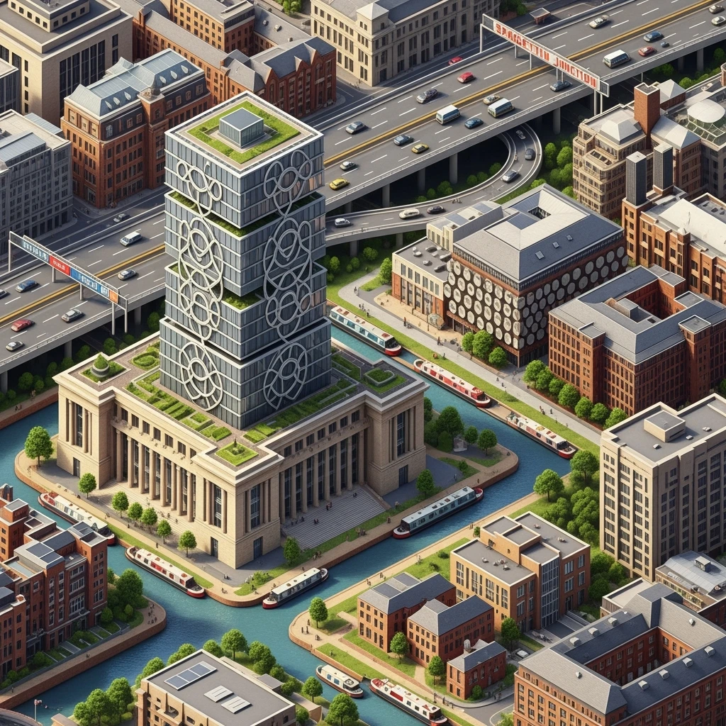 Isometric illustration of Birmingham, featuring the Library of Birmingham with its modern architecture and nearby canals, highly detailed in semi-realistic style, balanced between stylized and realistic, 3D miniature effect, transparent background. emoji