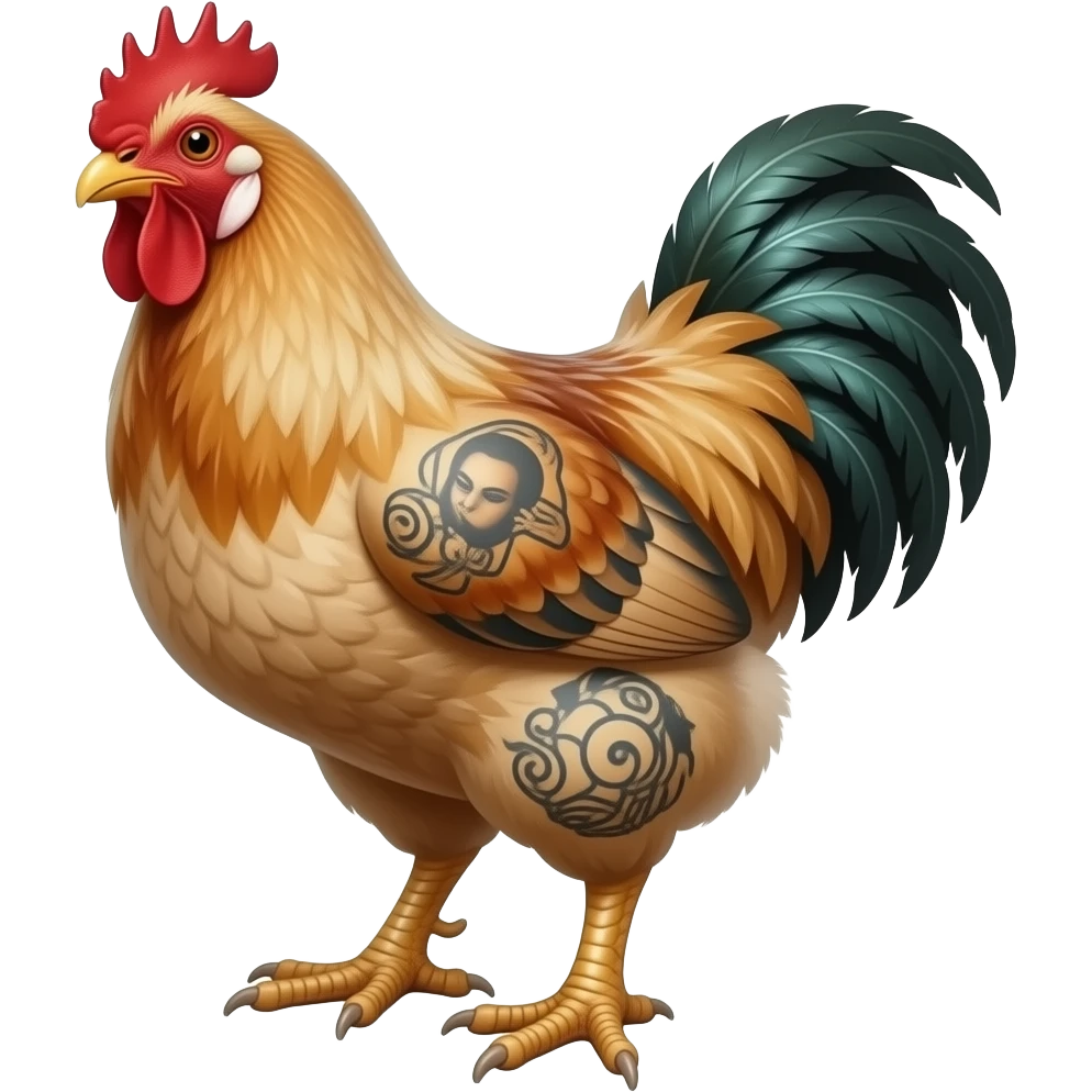 surrealistic - a plucked, bald, tattooed chicken with grown thick male feet like a Hobbit, shown at a 45 degree angle emoji