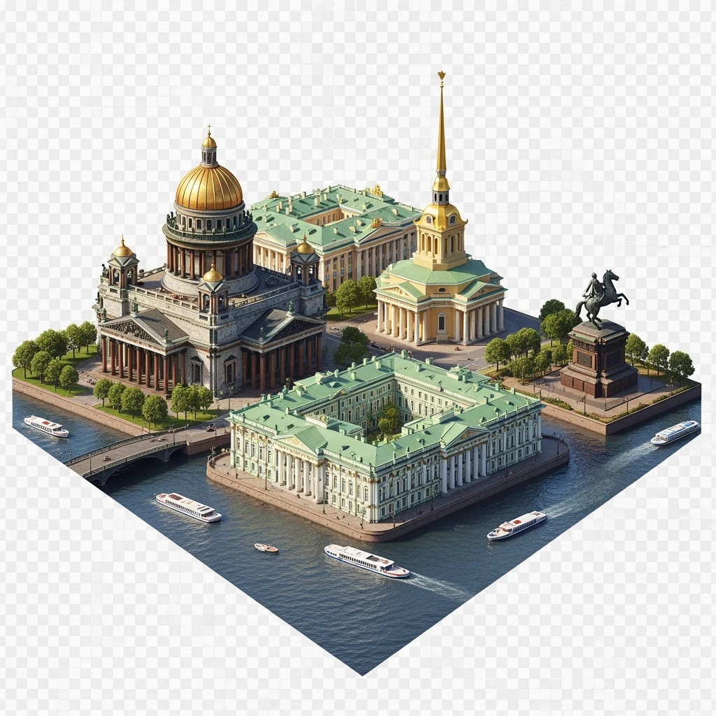 Изометрическая модель-иллюстрация Санкт-Петербурга с фотореалистичными достопримечательностями - Исаакиевский собор, Зимний дворец, Адмиралтейство, памятник Петру I, баланс между стилизацией и реализмом, эффект рисованной миниатюры Tift shift, прозрачный фон. emoji