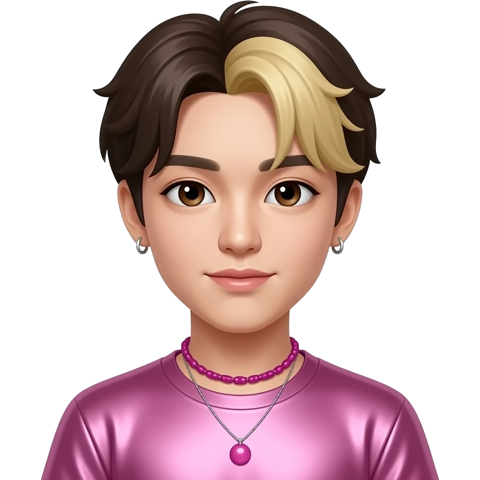 Tae Young from 4*Town with white skin, dark brown eyes, dark brown hair with blonde dyed, pink metallic t-shirt, magenta necklace and short earrings emoji