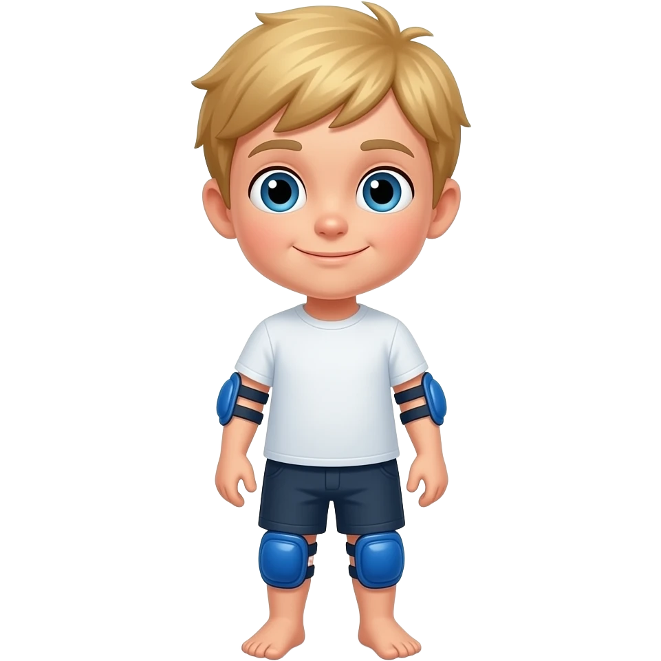 Child boy blonde hair, standing upright, wearing blue elbow pads and knee pads, ready-to-play expression, front-facing pose. emoji