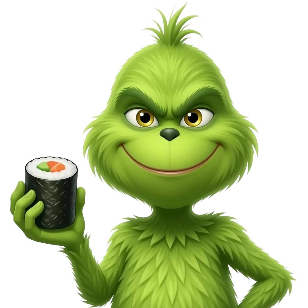 Grinch holding sushi emoji
