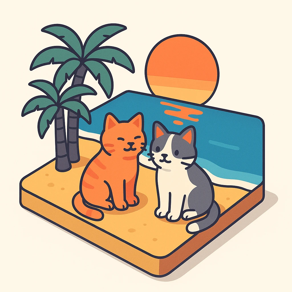 3D isometric illustration of two cats sitting on a beach at sunset with palm trees emoji