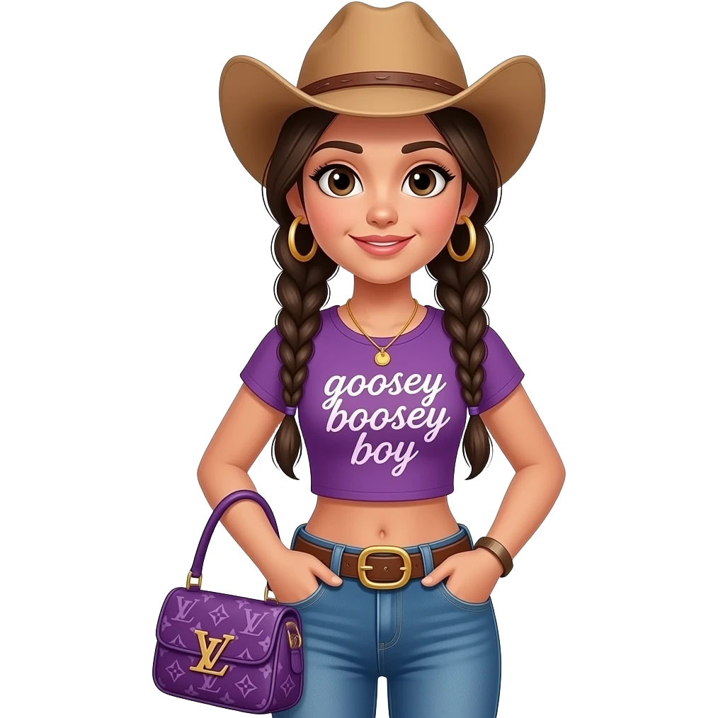 Black 13-year-old girl with BoHo braids, sassy with a purple Louis Vuitton bag a crop top that says goosey boosey boy 🏇big hoop earrings that are gold and cute jeans that are tight both hands in pockets with a rodeo, cowboy hat, realistic, hyper realistic emoji