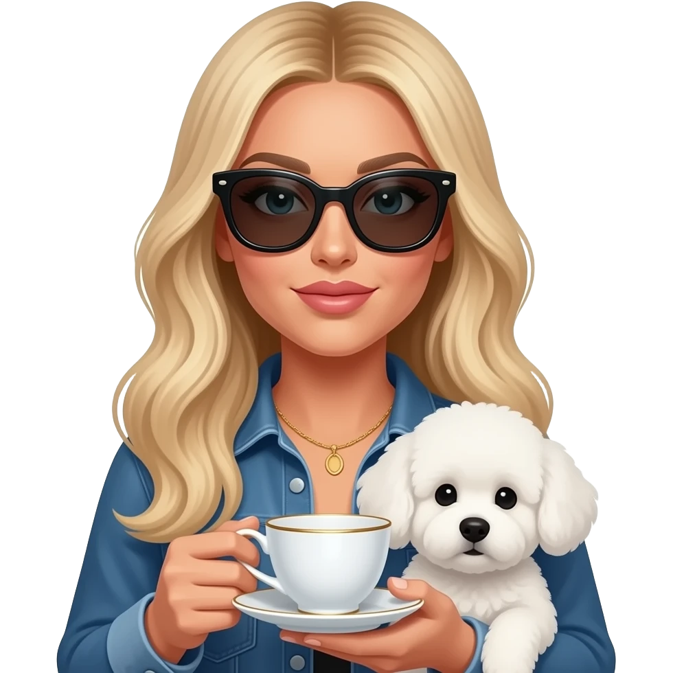 paris hilton holding a teacup white puppy and the puppy is wearing sunglasses emoji