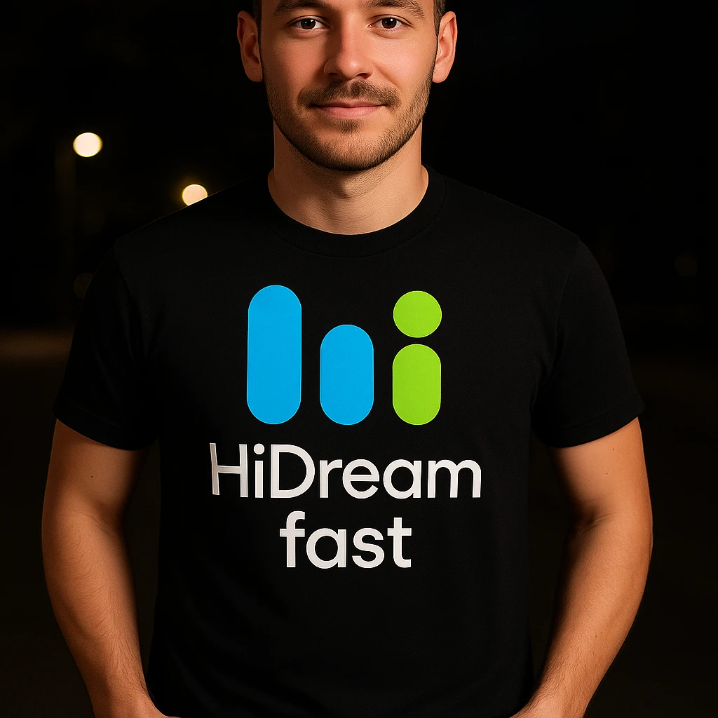 man wearing tshirt with this logo, dark night background with dim , add fast below logo, make man fit into image emoji