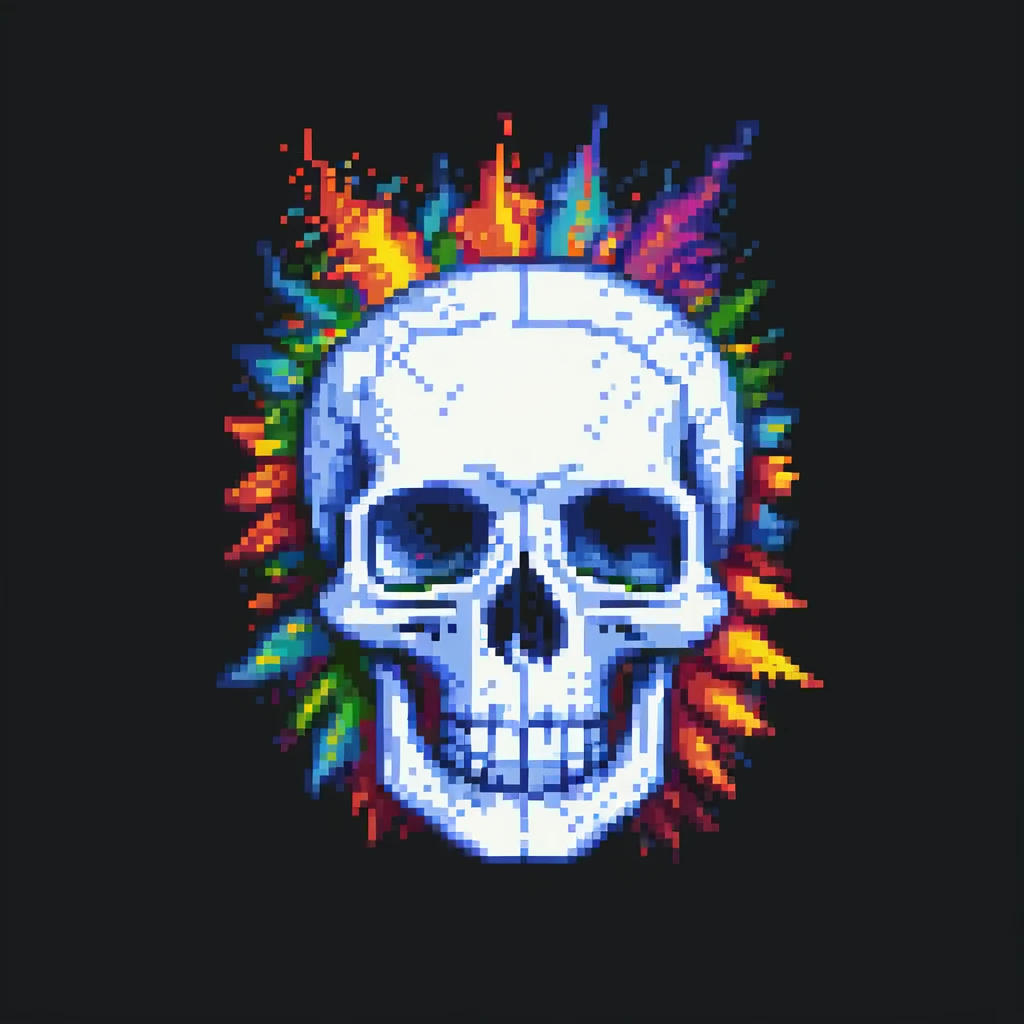 pixel art style exploding skull with bright colors and retro effect emoji