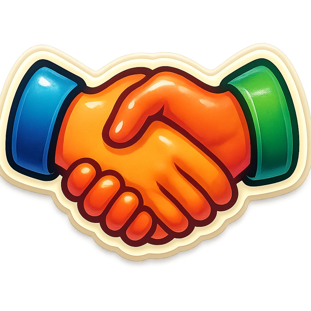 A friendly handshake in retro stickers style, with two friends shaking hands and bright colors emoji