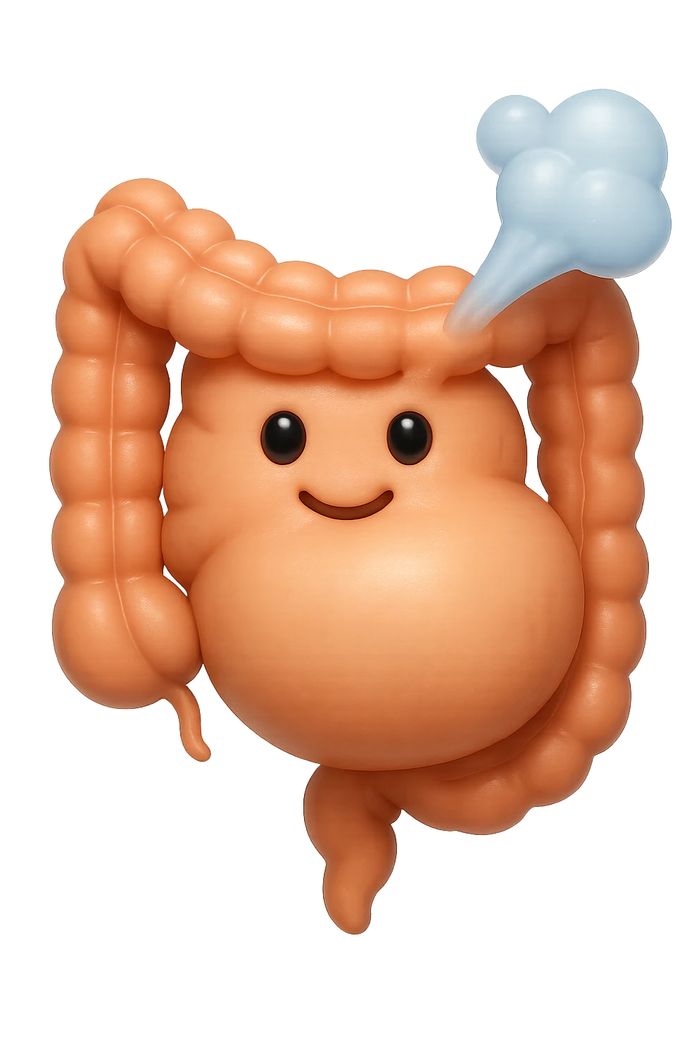 emoji stile iphone di un intestino che ingoia una nuvoletta di aria ben visibile e gli si gonfia la pancia, non fargli il naso, iperrealistico 4k emoji