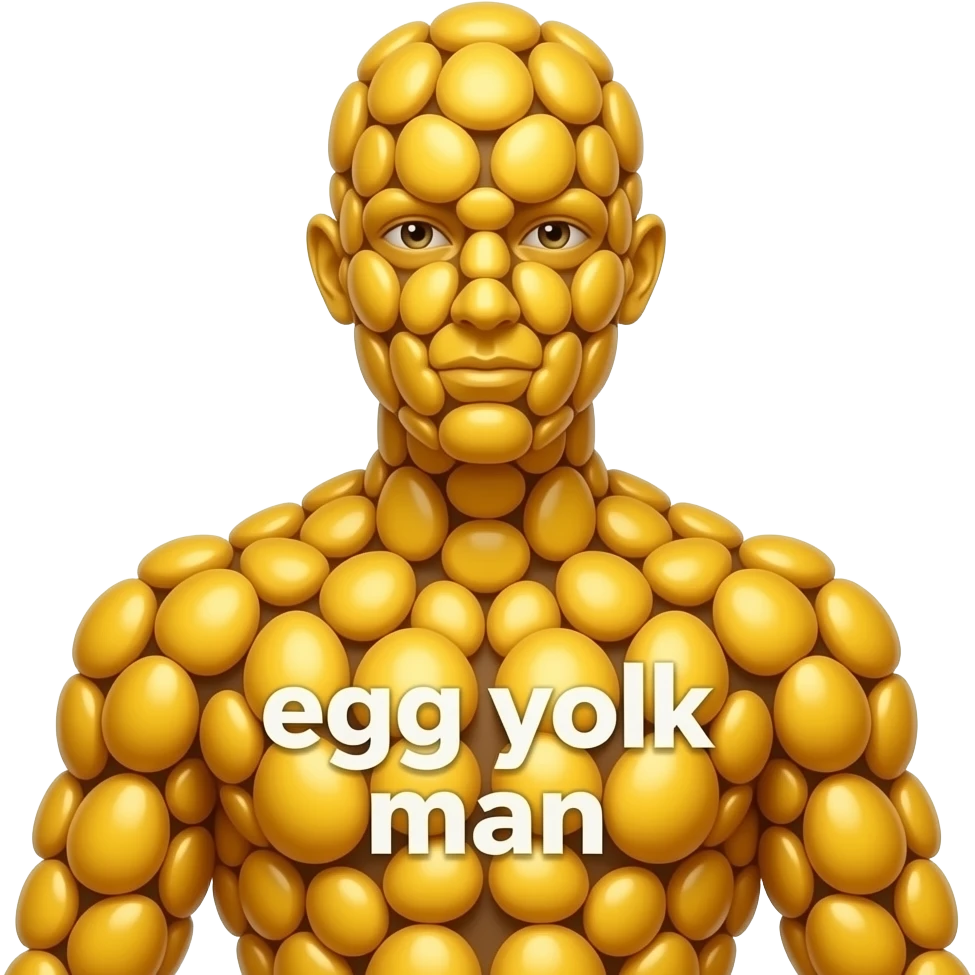 a humanoid figure made of egg yolks, and on his torso is the words "egg yolk man" emoji
