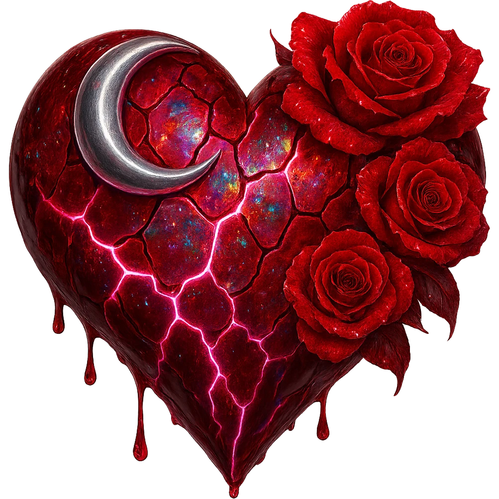 Edit the gothic heart to use fractured deep red glass, silver crescent moon, red roses, iridescent holographic stardust, neon lightning bolts, and a wet, shiny finish. Keep the background transparent. The style should maintain the gothic heart's original look with transparent background. emoji