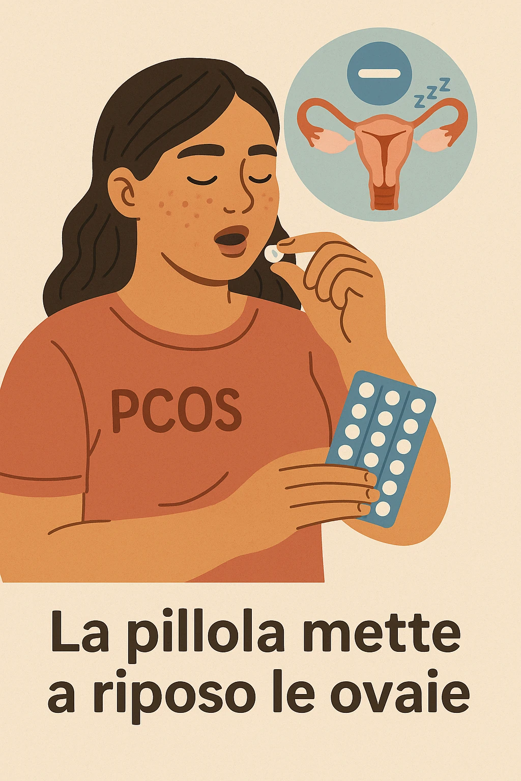 Donna con pcos che prende la pillola, e la pillola mette a riposo le ovaie in italiano emoji