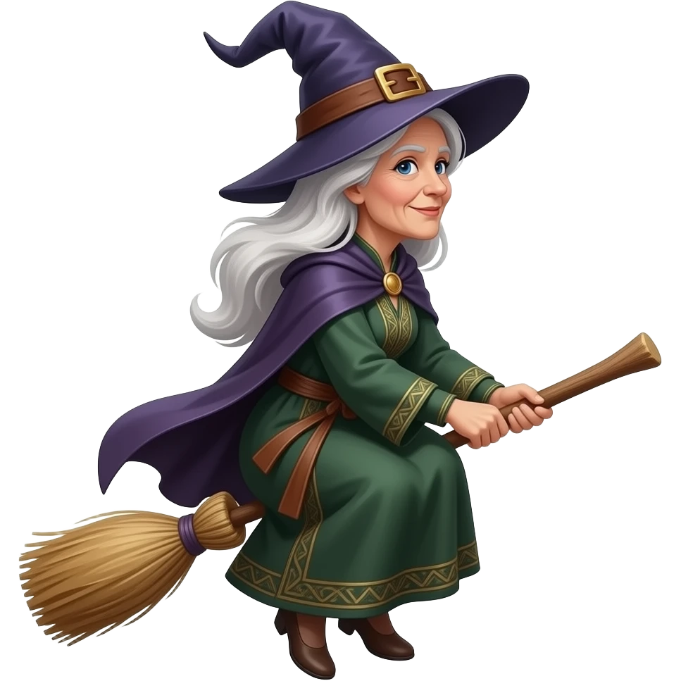 Bruja de 50 años vestuario antiguo muy natural no estreotipada ni elegante de perfil en escoba mujer emoji