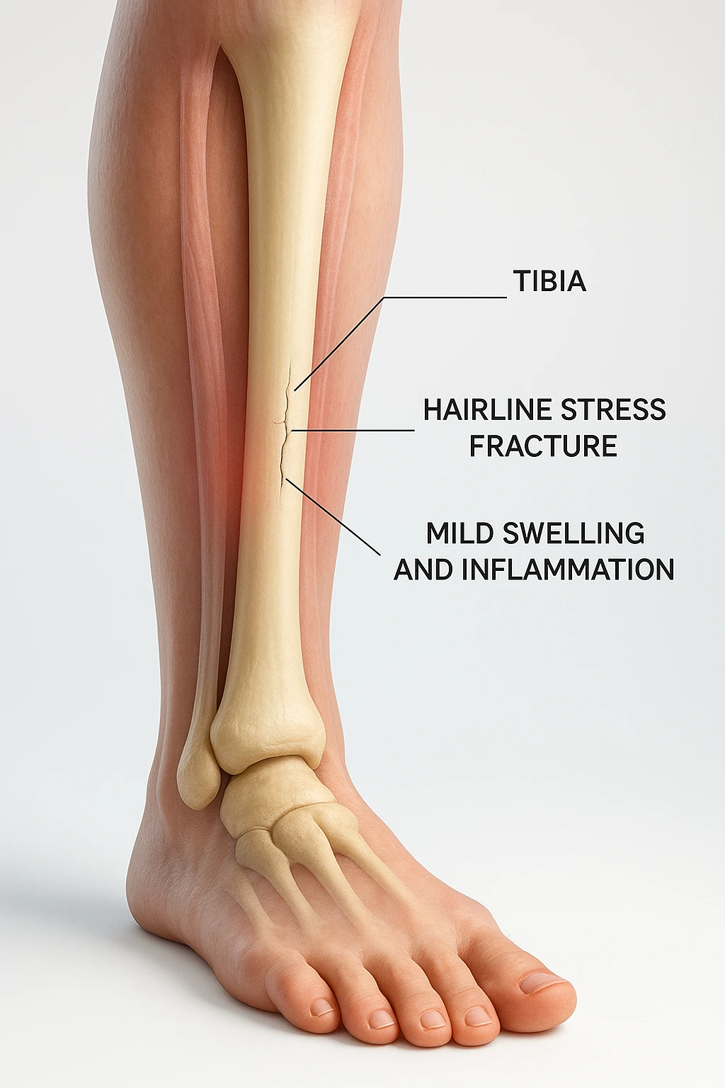 3D realistic medical illustration: a close-up of a human lower leg (tibia), showing the bone with a visible hairline stress fracture. The surrounding soft tissue is semi-transparent, highlighting mild swelling and inflammation. Educational labels point to the fracture site. The background is clean and clinical, with a subtle gradient. emoji