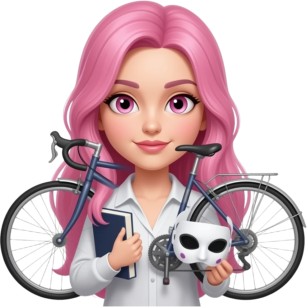 sexy girl with long pink hair and pink eyes holding a BOOKTOK BIKETOK MASKTOK emoji