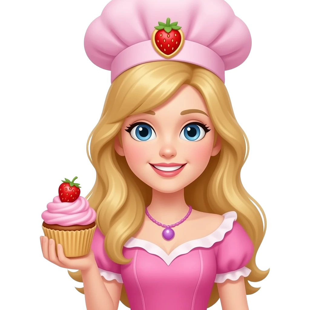light woman Pink chef hat princess strawberry with a hand hold cupcake strawberry emoji