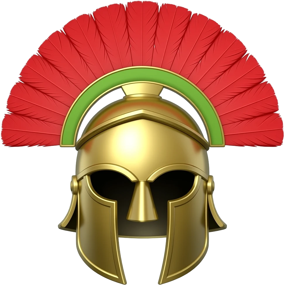 a golden centurion helmet, large red feather crest/plume standing tall on top, green accents on both sides, shiny metallic texture, detailed Roman helmet design, very clean, minimal background, pure white background, simple cute emoji style, icon design, front view, centered, no head emoji