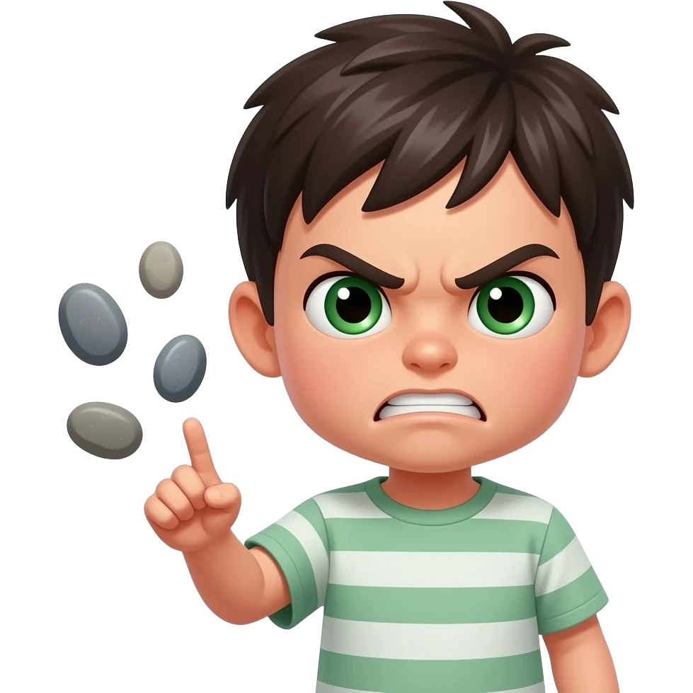 Little slim dark haïr boy with green eyes sending stones with angry face emoji