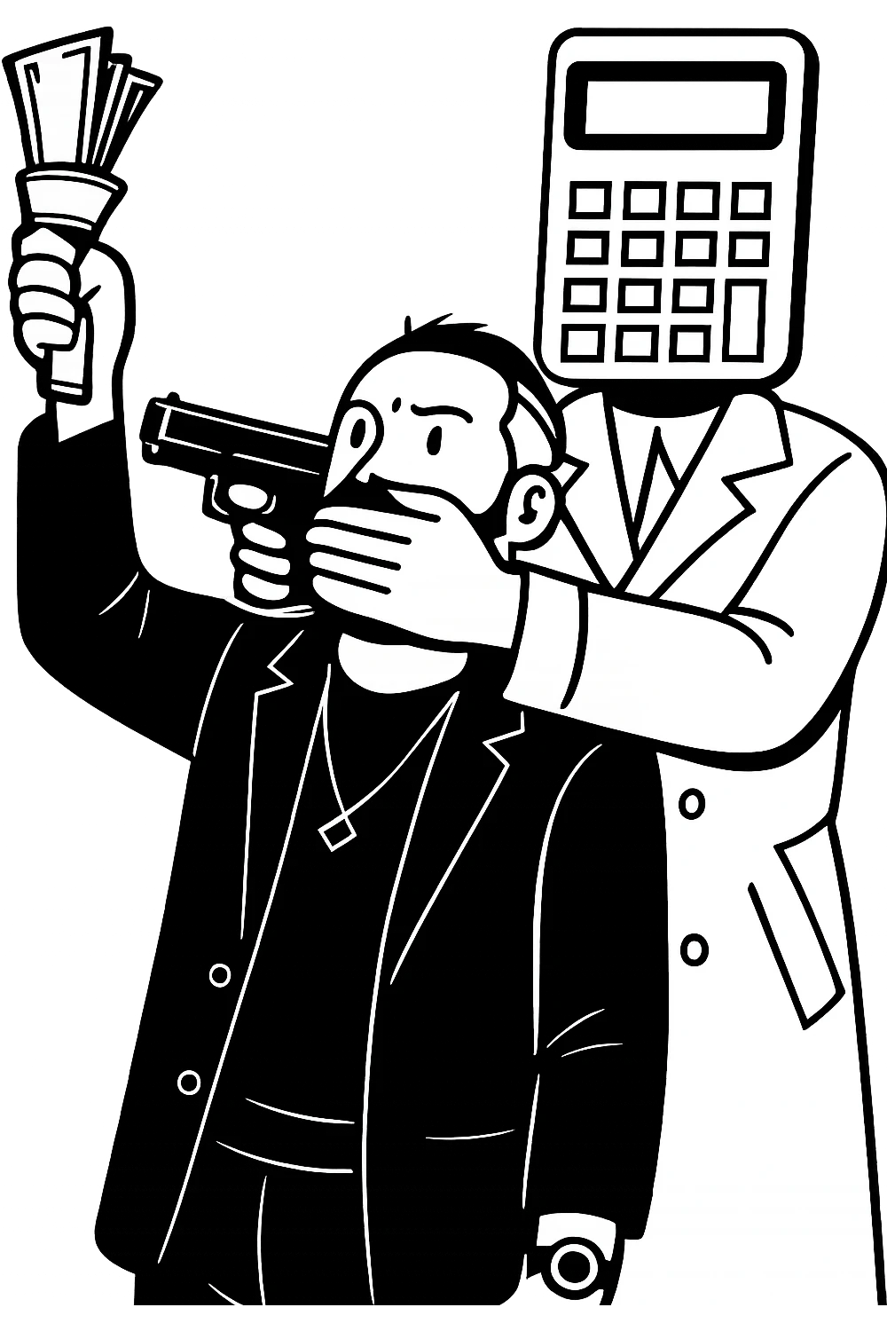 Используя такую стилистику и точно такого же героя, сгенерируй картинку. На ней позади героя стоит фуруга, у которой вместо головы калькулятор, она приставила к виску героя пистолет, а другой рукой закрывает рот героя, прозрачный фон emoji