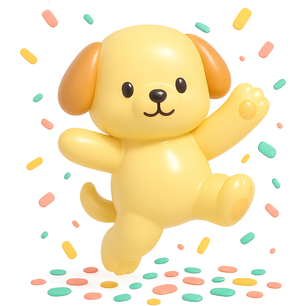 puppy jumping in confetti with paw up, vinyl figure style emoji