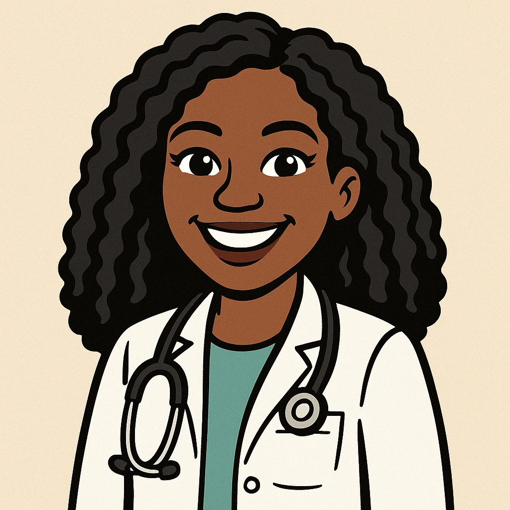 bitmoji style African American woman doctor wearing a white coat and stethoscope, smiling emoji