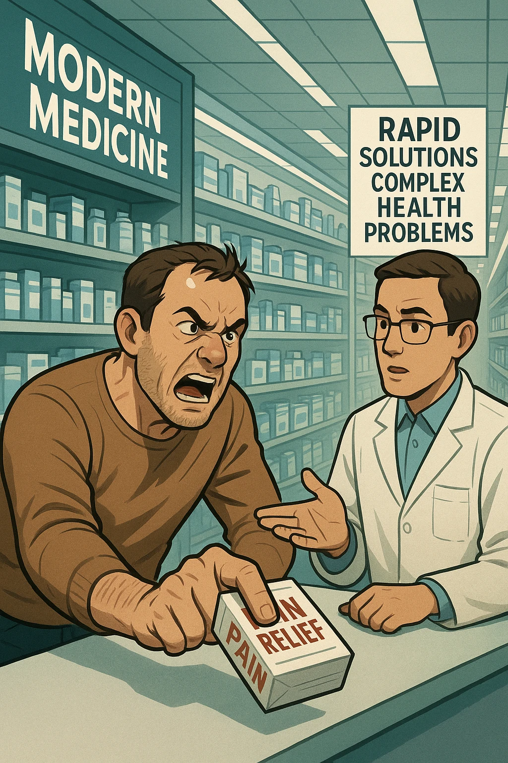 Cinematic Frustrated man at pharmacy counter demanding immediate pain relief medication, expression of impatience wanting instant symptom elimination, ignoring pharmacist's questions about underlying causes, grabbing prescription bottle eagerly, symptom suppression taking priority over healing, modern medicine aisle promising quick fixes for complex health problems" in italiano emoji