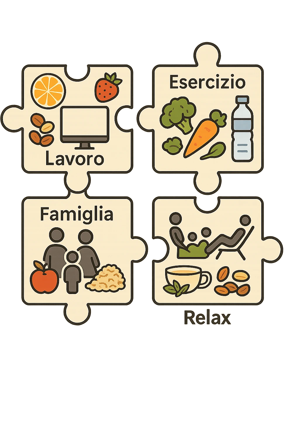 Puzzle (Lavoro, Esercizio, Famiglia, Relax), in lavoro metti icona di un PC, in Esercizio un Manubrio, in Famiglia una famiglia, in Relax qualcuno che riposa and healthy foods are integrated into each piece. in italiano emoji