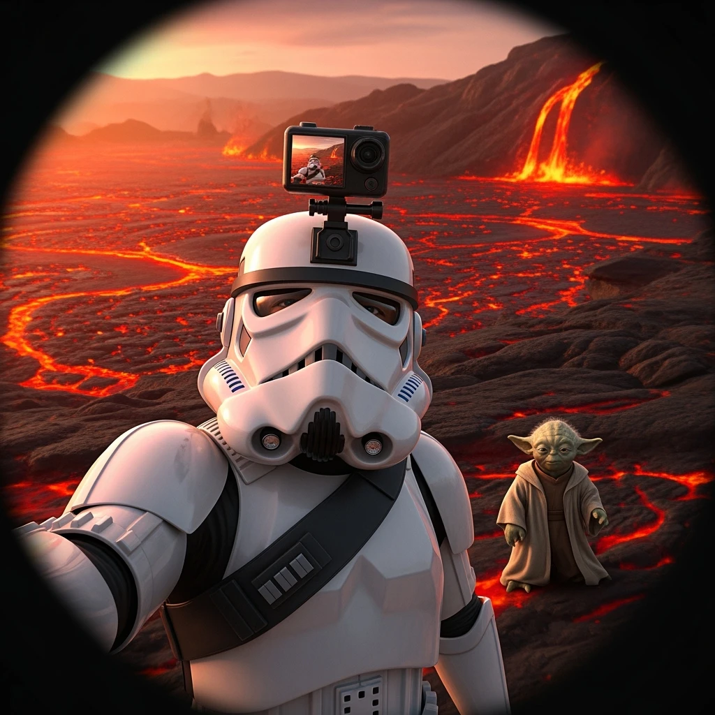 make digital poster art of Camera POV, Starwars stormtroopers vlogging selfie, he is walking on lava planet with yoda
 emoji