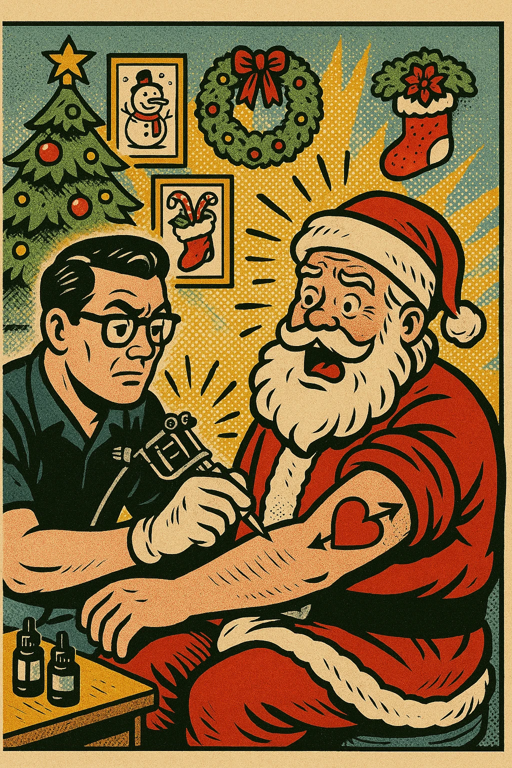 A Christmas scene in a tattoo parlor with Santa getting a tattoo emoji