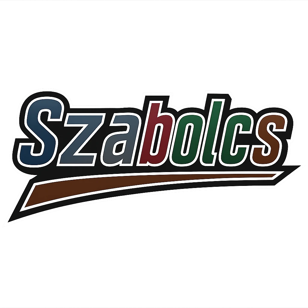 Text image of the name 'Szabolcs' in a masculine, modern, gradient font with precise Hungarian characters, dark contour, extra thick, prominent white border as in sample images, dynamic slanted underline, masculine color shades (blue, gray, burgundy, green, brown), 1000x1000 px, PNG, transparent background. emoji
