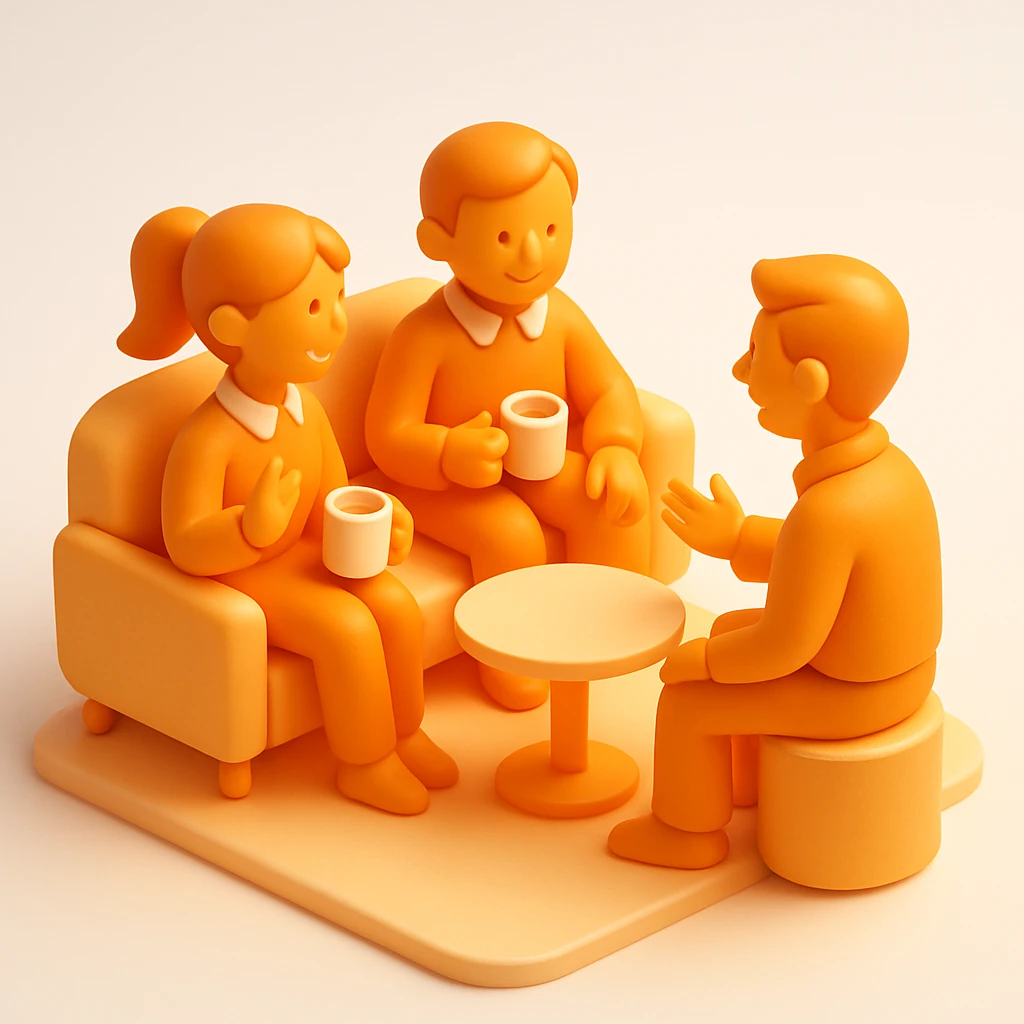 group of 3D orange style employees, sitting in a break area, having a friendly conversation emoji