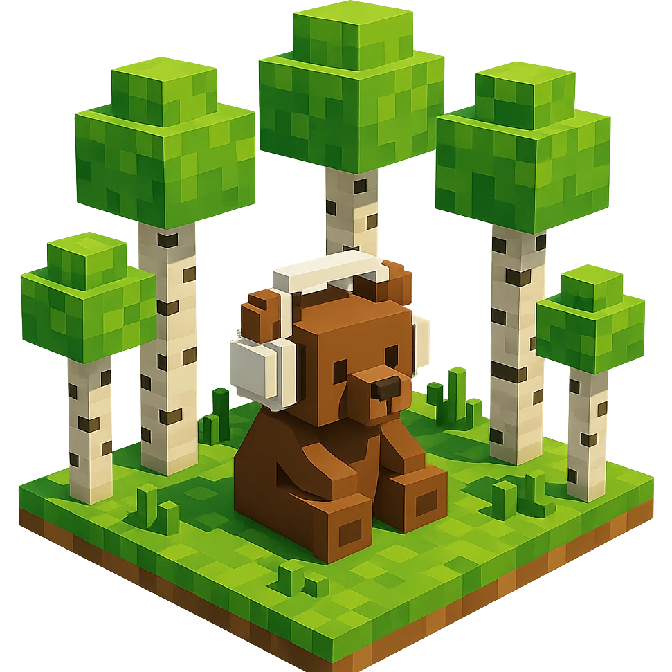 березовый лес, в котором сидит бурый медвежонок в белых наушниках (наушники должны закрывать уши медведя), no background  emoji