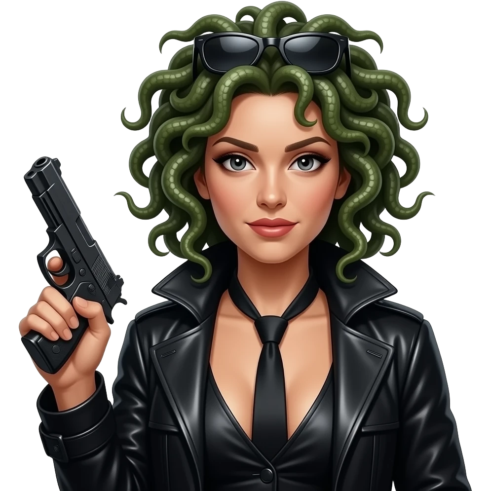 Beautiful Medusa in black coat with no tie with sunglasses holding gun emoji