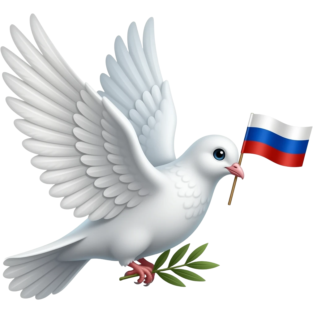 A white dove flying to the right, holding a small Russian flag in its beak (white, blue, red stripes). The dove has an olive branch in one foot. Simple flat vector, round emoji sticker, light blue background, peaceful, clean lines. emoji